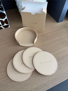 Michael Kors Beige “Leather” Round Coaster Set with Holder